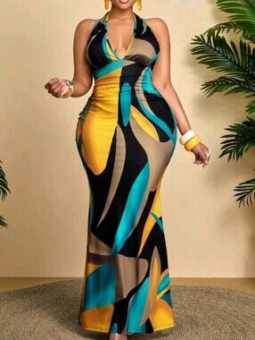 Yellow & Teal Abstract Halter Maxi Dress PLUS SIZES